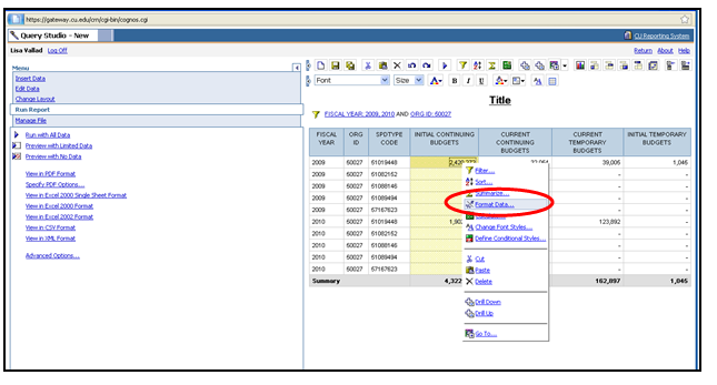 Query Studio Formatting a Report | University of Colorado